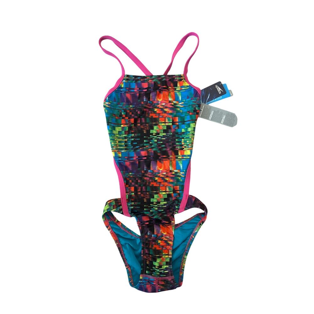 Speedo Multicolor Pixel Print One-Piece Swimsuit with Pink Trim